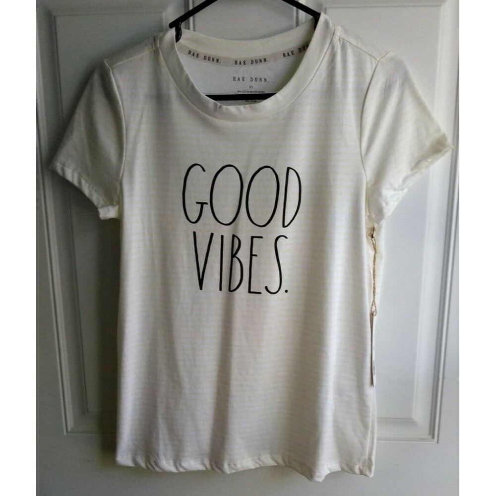Rae Dunn Women's Stripe T-Shirt (Good Vibes) (Size: XS) (White/Yellow Stripes)